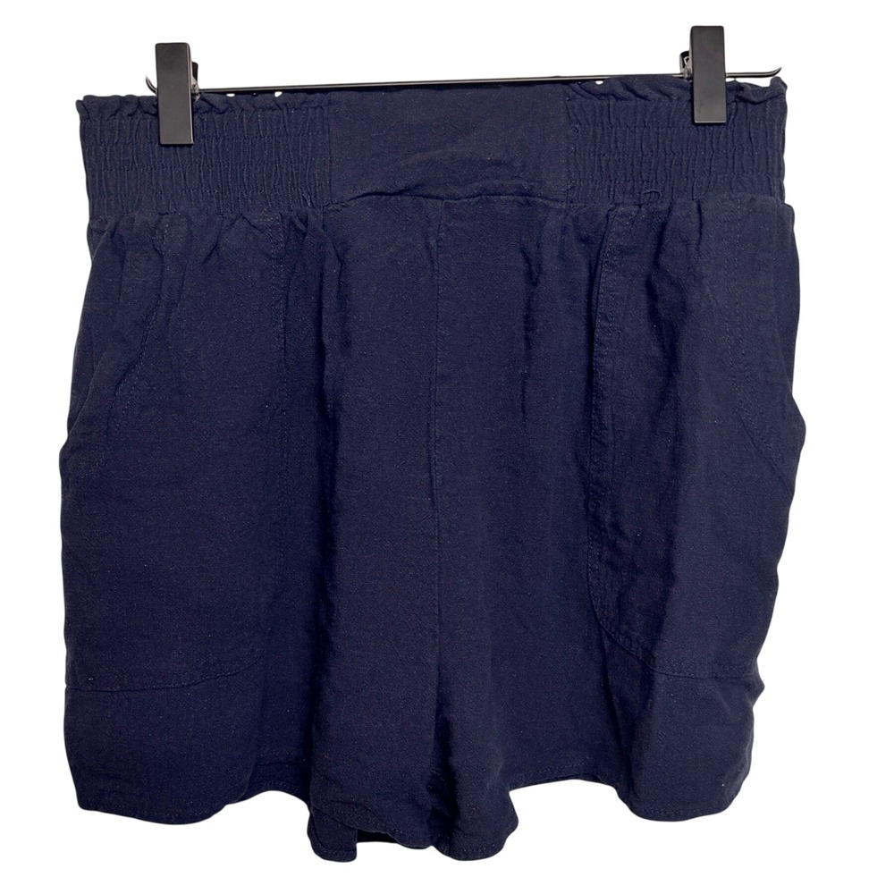 Womens Linen Blend Shorts M Navy Blue Casual Summer Pockets Beach Loungewear